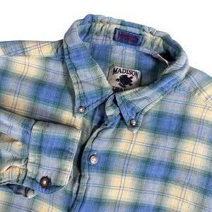 Madison Trader Plaid Flannel Shirt Men Medium Blue Yellow Button Down